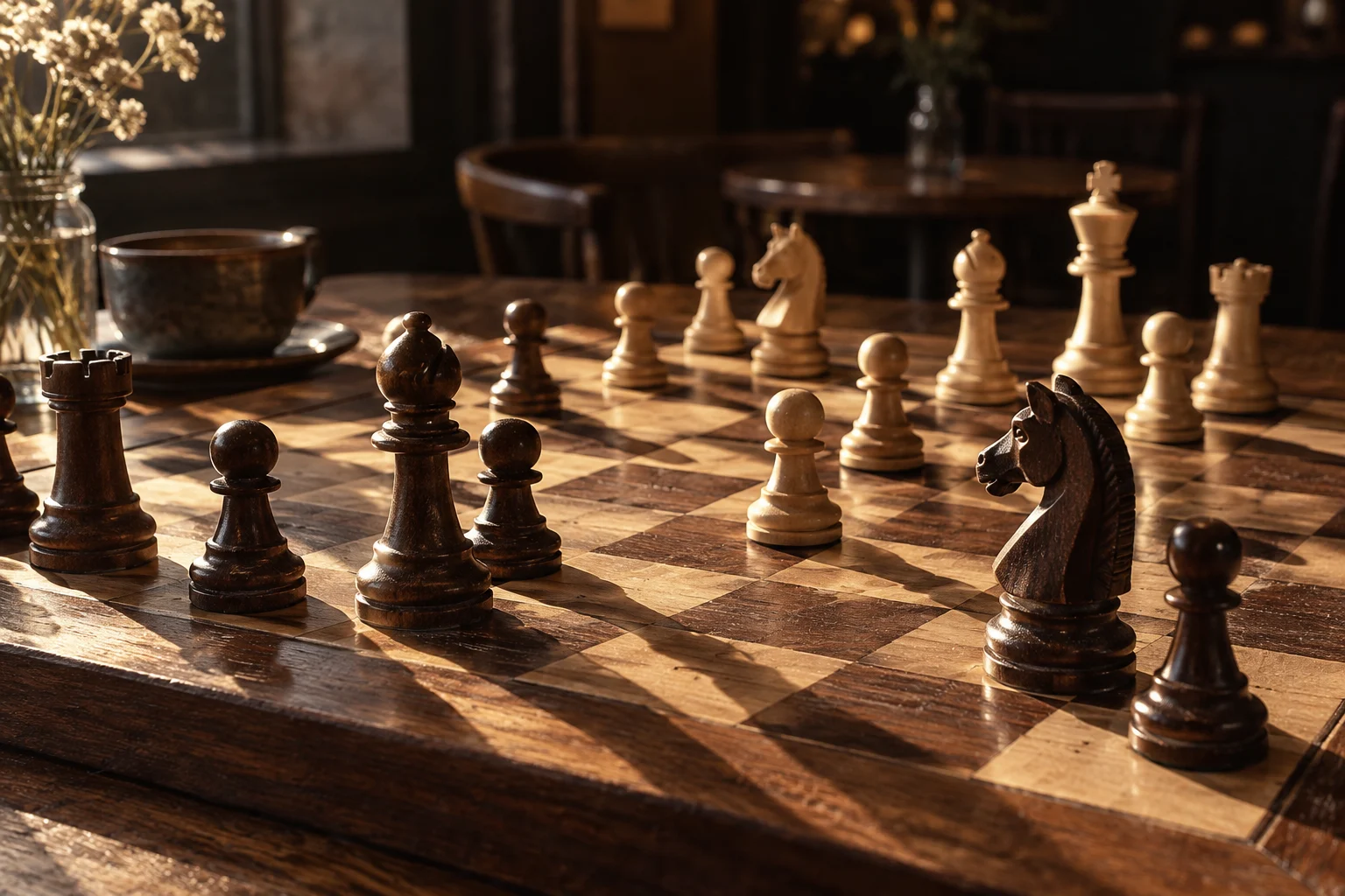 Wooden chess pieces on a sunlit café chessboard