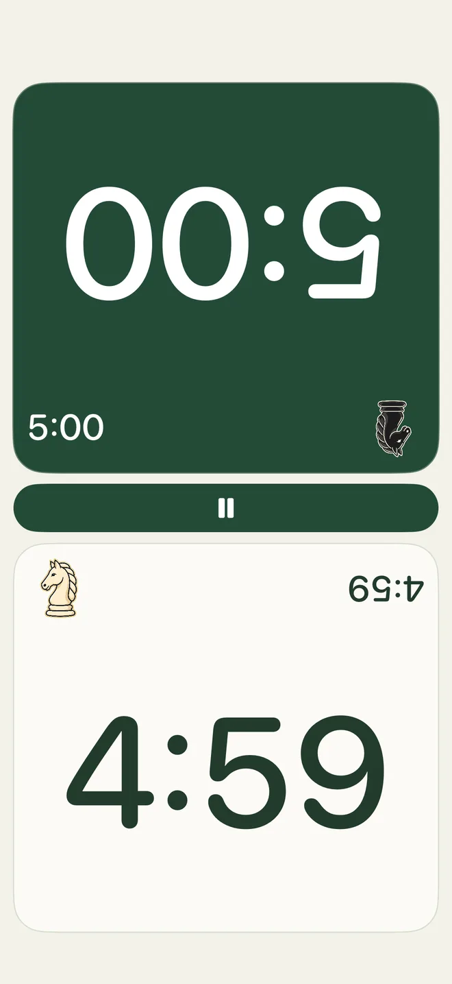 Chess Clock on iPhone during a game: the active black clock is filled green, with a Pause bar between the clocks