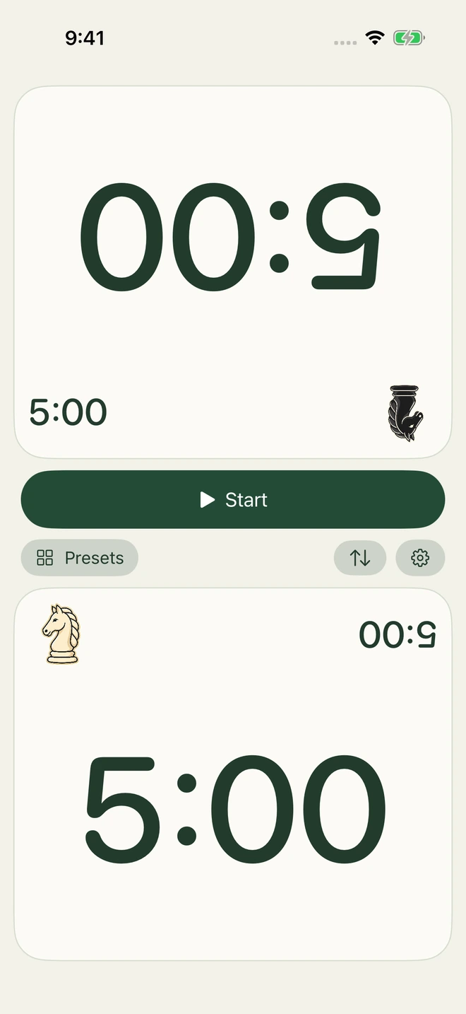 Chess Clock iPhone app with opposing five-minute clocks, knight pieces, Start and Presets controls
